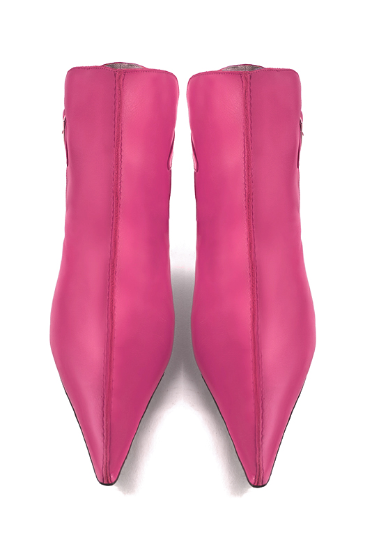 Fuschia pink women's ankle boots with buckles at the back. Pointed toe. High spool heels. Top view - Florence KOOIJMAN